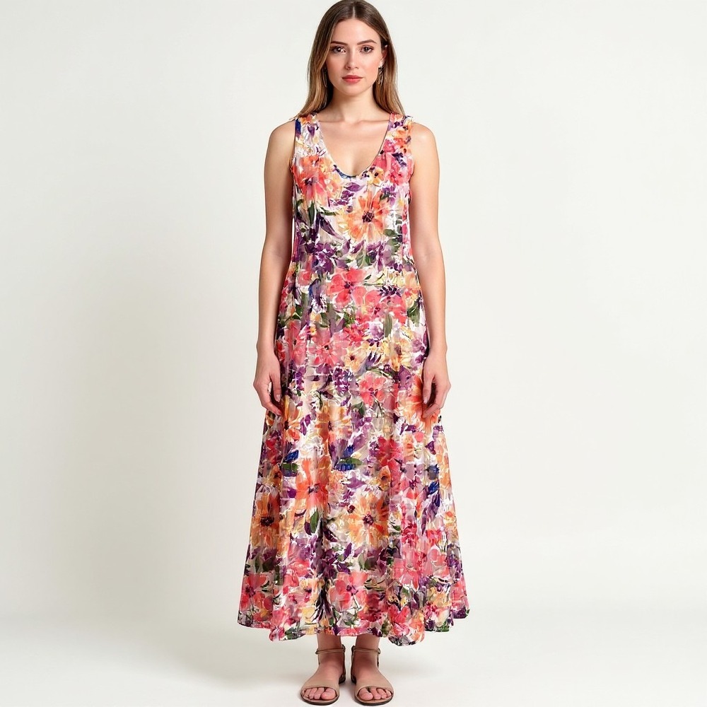Perceptions New York Floral Lace Maxi Dress L Orange Purple Sleeveless Lined